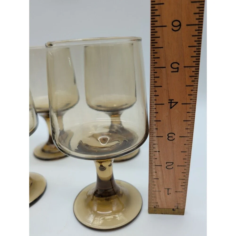 6 Libbey Tawny Accent Wine Glass Set Vintage Smoke Brown Retro Bar Stemware Lot